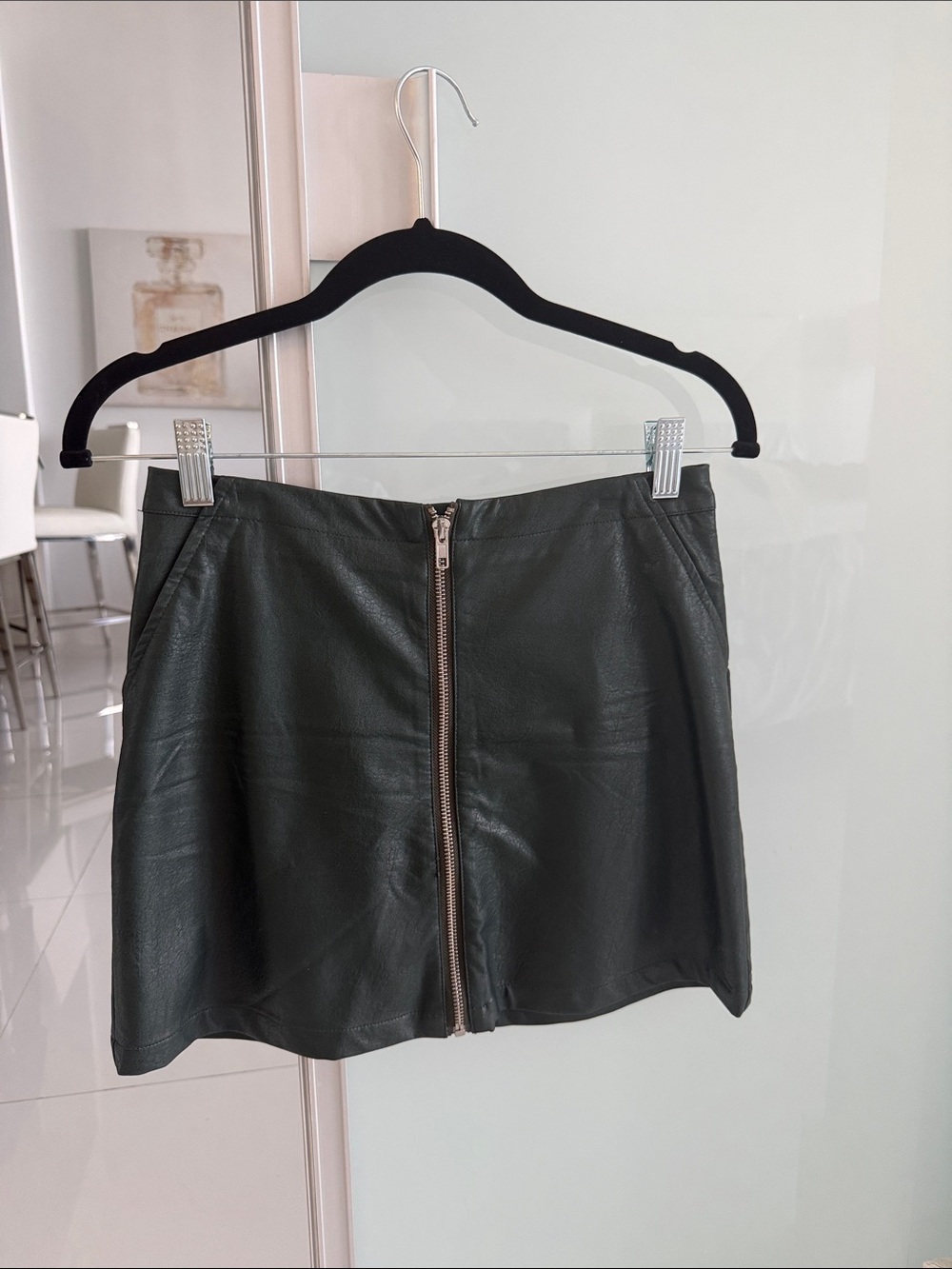 Faux Leather Green Zip-Front Mini Skirt